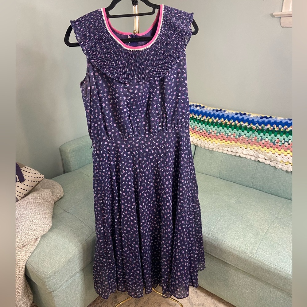 Vintage Blue Floral Leslie Fay Dress Size 16 M/L